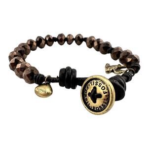 Fossil Glass Bead Bird Charm Leather Cord Faceted Gold Tone 6.25” Bracelet